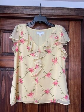 CeCe Yellow Floral Ruffle V-Neck Blouse with Pink Blooms